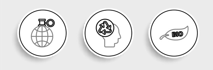 Set line Leaf Bio symbol, Planet earth and recycling and Human head with recycle icon. Vector