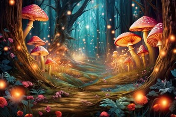 Obraz na płótnie Canvas Whimsical Fantasy: Magical Background of an Enchanted Forest with Glowing Mushrooms and Sparkling Fireflies, generative AI