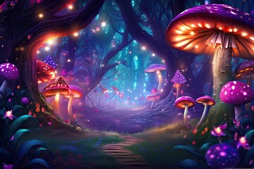 Enchanted Forest: Magical Background with Glowing Mushrooms, Sparkling Fireflies, and Whimsical Fairyland, generative AI - obrazy, fototapety, plakaty