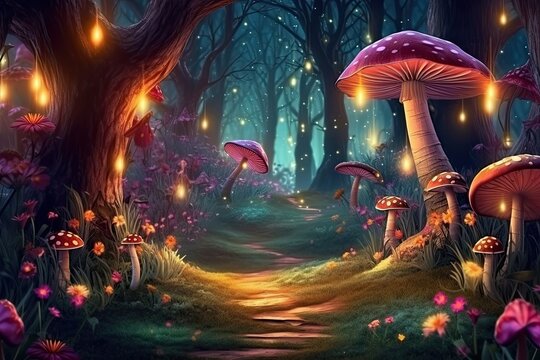 Enchanted Forest: Magical Background with Glowing Mushrooms, Sparkling Fireflies, Whimsical Fairyland, generative AI
