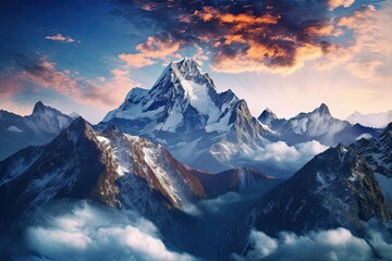 Fototapeta na wymiar Nature's Splendor: Majestic Mountain Range with Snow-Capped Peaks and Pristine Alpine Beauty - A Breathtaking Background, generative AI