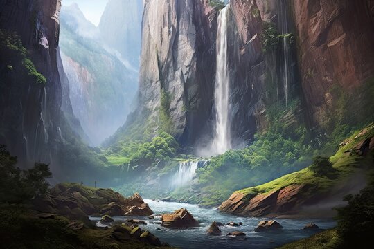 Nature's Grandeur: Majestic Waterfall Encircled by Towering Cliffs and Misty Splendor - A Breathtaking Background, generative AI