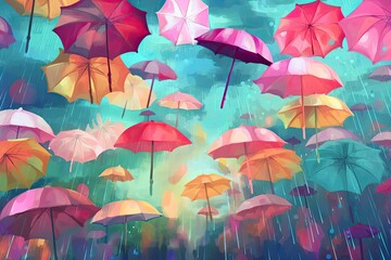 Colorful Umbrellas and Carefree Splashes: Playful Background of Floating in Rainy Weather, generative AI