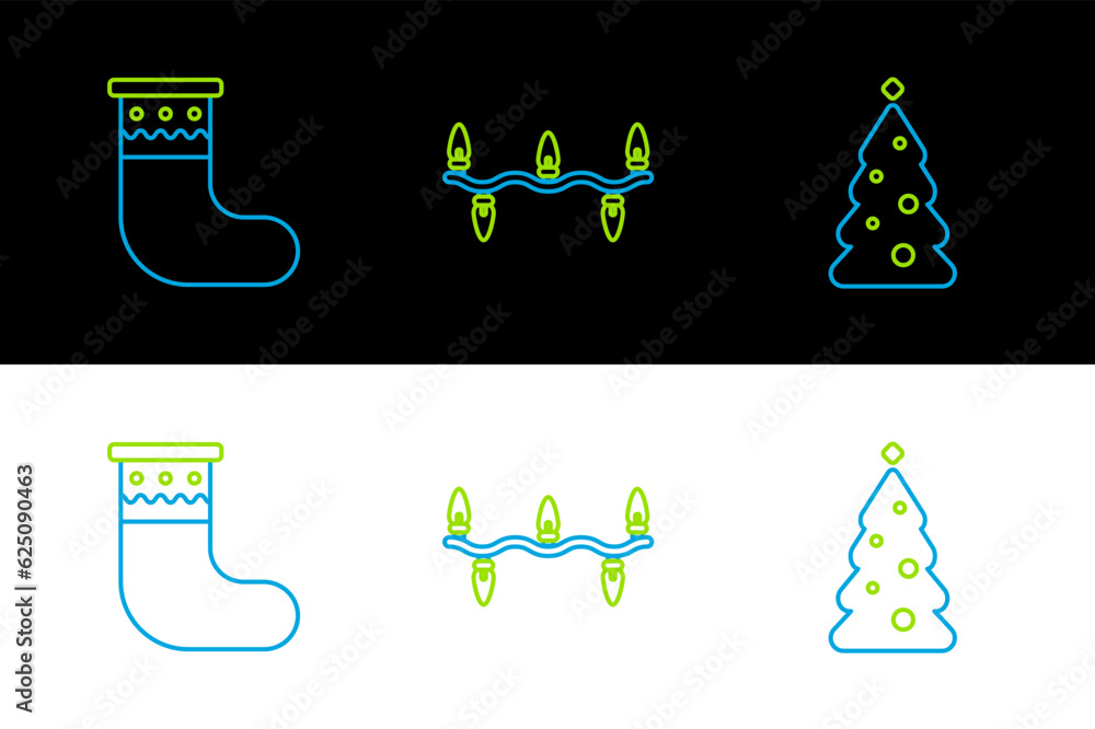 Wall mural Set line Christmas tree with decorations, stocking and lights icon. Vector