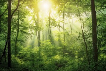 Obraz premium Nature's Tranquility: Serene Forest Clearing with Soft Sunlight and Peaceful Ambience - A Soothing Background for Relaxation, generative AI