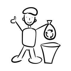 Doodle simple man with garbage and basket isolated on white background. Keep it clean, do not litter, vector illustration. Tidy symbol