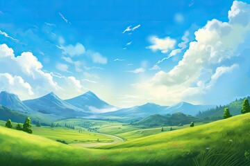 Obraz premium Tranquil Mountain Landscape: Serene Background with Rolling Hills and Clear Blue Sky for Serenity in Nature, generative AI