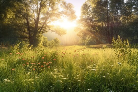 Tranquil Meadow: Serene Background with Soft Sunlight and Gentle Breezes in Nature's Embrace, generative AI