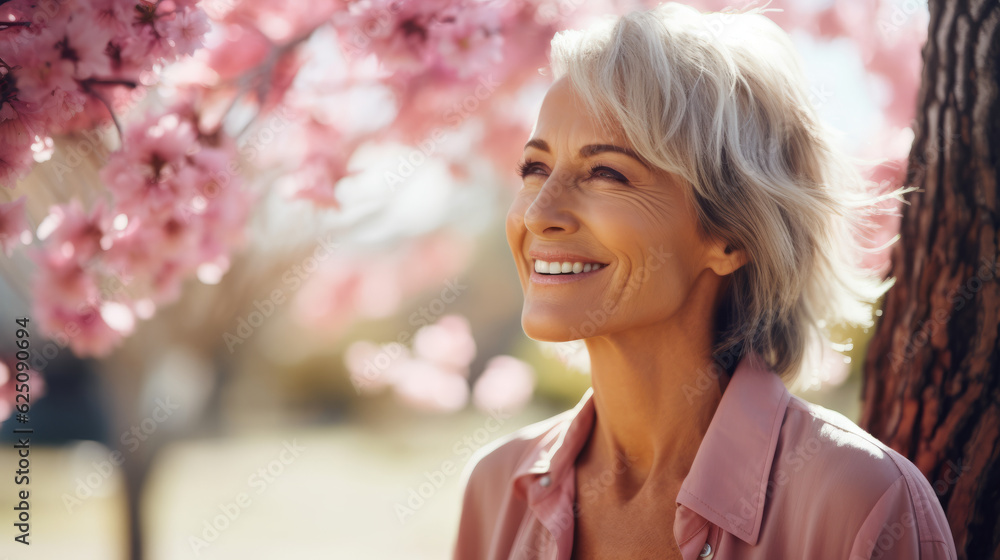 Wall mural Portrait of a beautiful European woman posing in front of a blooming cherry tree , close-up view of a cheerful handsome Caucasian white middle aged woman in an outdoor park