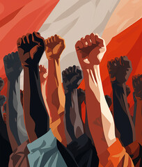 Crowd of protesters with raised hands, graphic illustration style