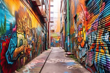 Urban Expression: Vibrant Street Art and Energetic Performers Transform a Colorful Graffiti-Adorned Alley, generative AI
