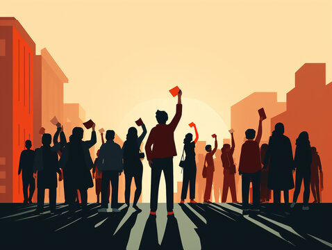 Crowd of protesters with raised hands on city street, graphic illustration style