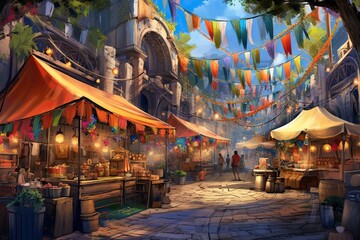 Fototapeta premium Vibrant Wares and Engaging Performers: A Colorful Urban Street Market Displaying Cultural Fusion, generative AI