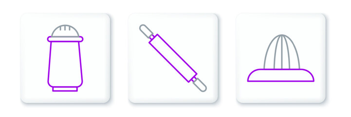 Set line Citrus fruit juicer, Salt and pepper and Rolling pin icon. Vector