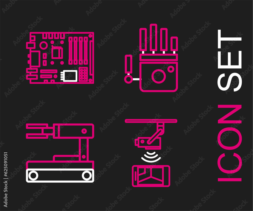 Poster set line wireless controlling cctv security camera, robot, mechanical robot hand and electronic comp
