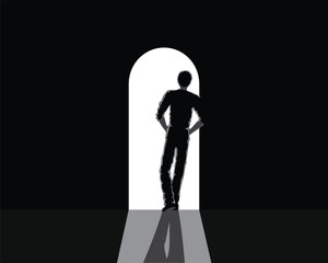 cartoon illustration vector design of a man in all black standing leaning against a door or hallway with a dark, dark room with little light at the door