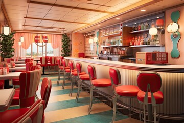 Classic 1950s Vibe: A Nostalgic Dining Experience in a Retro Diner with Vintage Decor, generative AI
