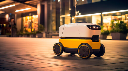 Fototapeta na wymiar Mobile robot delivering food on the street.