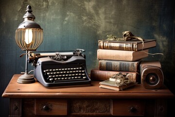 Nostalgic Writing Retreat: Vintage Typewriter, Old Books & Wooden Desk, generative AI