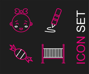 Set line Baby crib cradle bed, Candy, Wax crayon for drawing and Happy little girl head icon. Vector