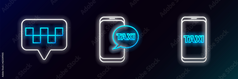 Poster set line taxi call telephone service, map pointer with taxi and icon. glowing neon. vector