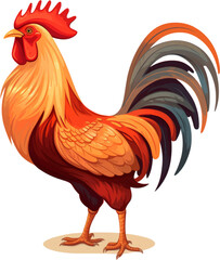 orange and brown rooster, in the style of colored cartoon style, white background