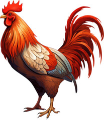 orange and brown rooster, in the style of colored cartoon style, white background
