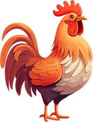 orange and brown rooster, in the style of colored cartoon style, white background