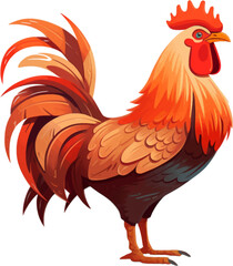orange and brown rooster, in the style of colored cartoon style, white background