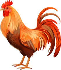 orange and brown rooster, in the style of colored cartoon style, white background