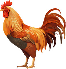 orange and brown rooster, in the style of colored cartoon style, white background