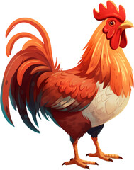 orange and brown rooster, in the style of colored cartoon style, white background