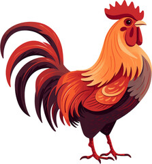 orange and brown rooster, in the style of colored cartoon style, white background