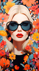 hand drawn cartoon beautiful illustration of woman wearing sunglasses among flowers
