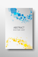 Abstract geometric background. Modern overlapping colorful squares (yellow and blue) on a gray to white gradient. Template for posters, brochures, covers and banners. Vector illustration.