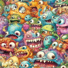 seamless pattern of stacked assorted colorful realistic small cute face monsters