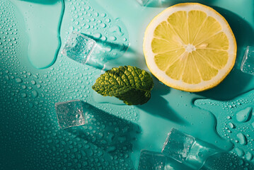Creative summer composition with lemon slice, mint leaves, can of soda and ice cubes. Minimal lemonade drink concept. - obrazy, fototapety, plakaty