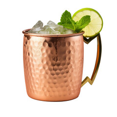 Cocktail "Moscow mule" in a copper mug, decorated with mint and lime leaves