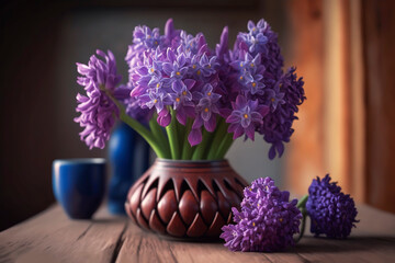 Purple hyacinths in a vase on a wooden table.