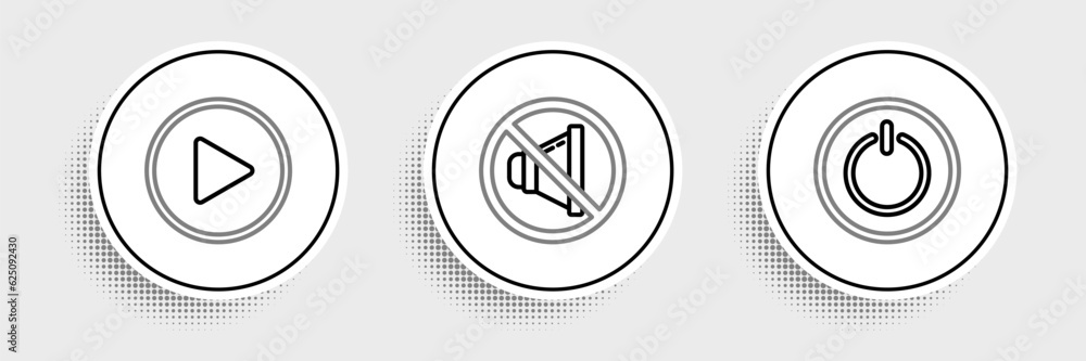 Poster set line power button, play in circle and speaker mute icon. vector