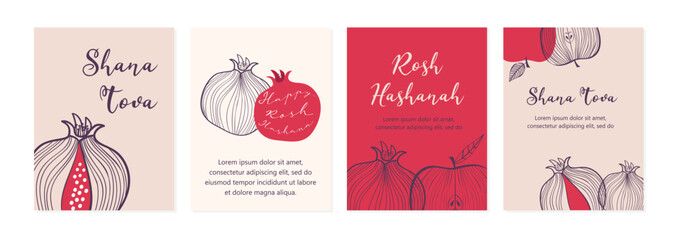 Rosh Hashana,Jewish holiday, greeting cards with traditional greeting in Hebrew. Translation - sweet and happy new year. Pomegranate, apple, Jewish horn and flowers. simple line vector illustration