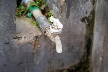 Abandoned and worn outdoor water faucet filled with weeds and moss