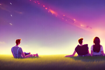 a-young-couple-is-lying-on-the-lawn-in-the-park-and-looking-at-the-stars-and-the-milky-way-in-the-sky, Generative AI