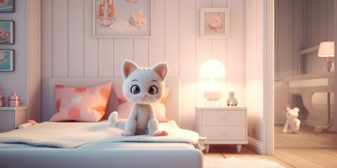Cute stuffed toy sitting on bed in modern light bedroom. Empty room, minimal interior design. Generative AI
