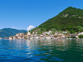 Panoramic view of Monte Isola, Lago d'Iseo, Lombardy, Italy.