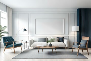 Fototapeta na wymiar Blank horizontal poster frame mock up in minimal Scandinavian white style living room interior, modern living room interior background