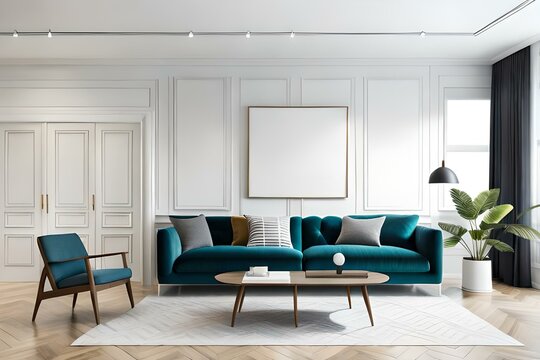 Blank horizontal poster frame mock up in minimal Scandinavian white style living room interior, modern living room interior background