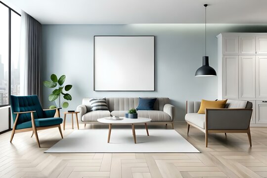 Blank horizontal poster frame mock up in minimal Scandinavian white style living room interior, modern living room interior background