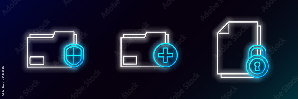 Poster set line document and lock, folder protection and add new icon. glowing neon. vector