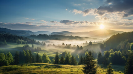 morning misty landscape with meadows and rolling hills and trees